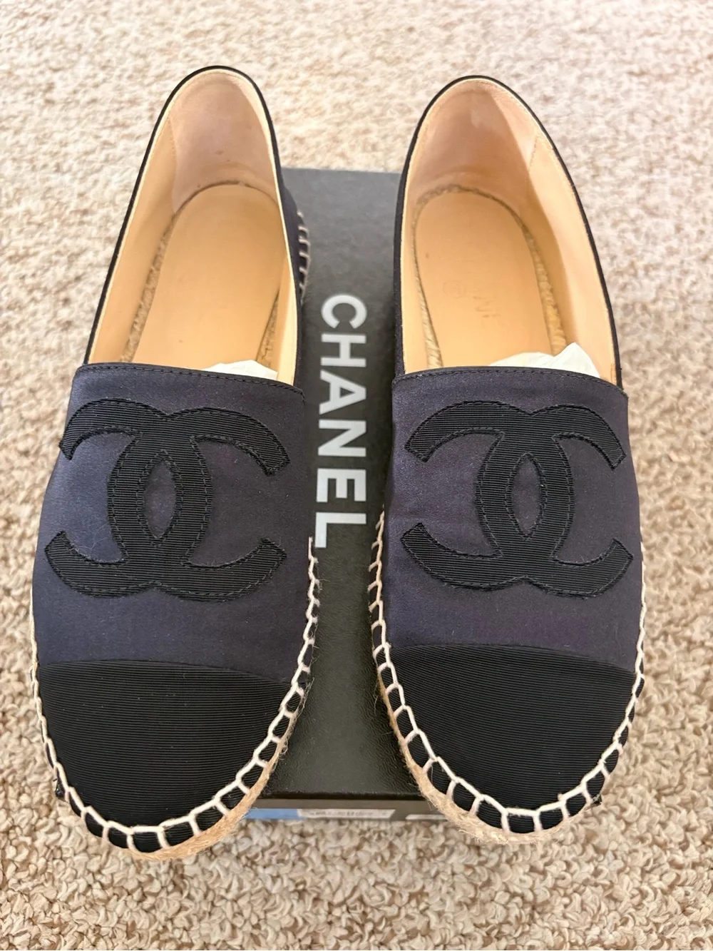 CHANEL Navy and Black Canvas Espadrille Flats